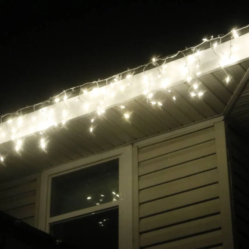 100-light M5 Warm White LED Icicle Lights, White Wire