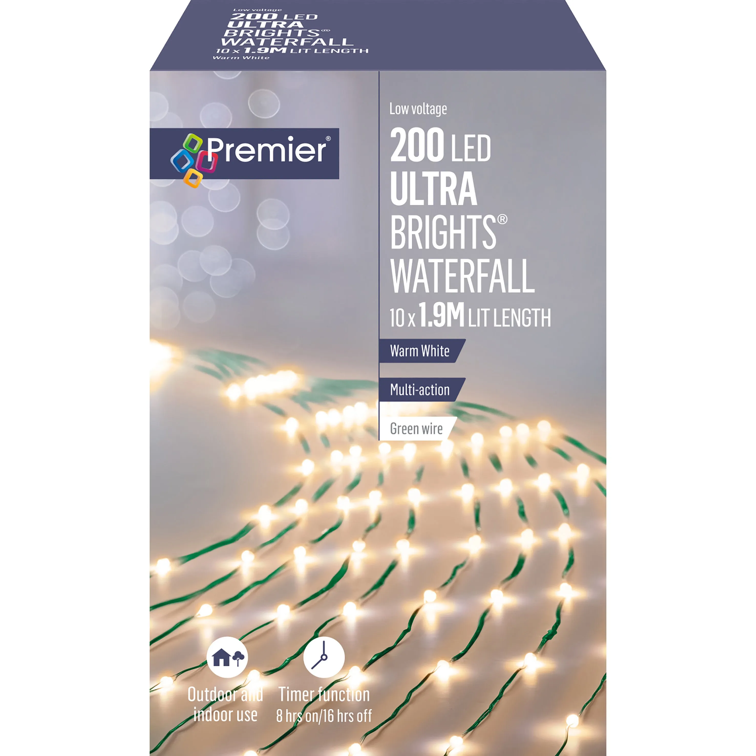 200L UltraBright Waterfall 1.9m Green Wire- Warm White