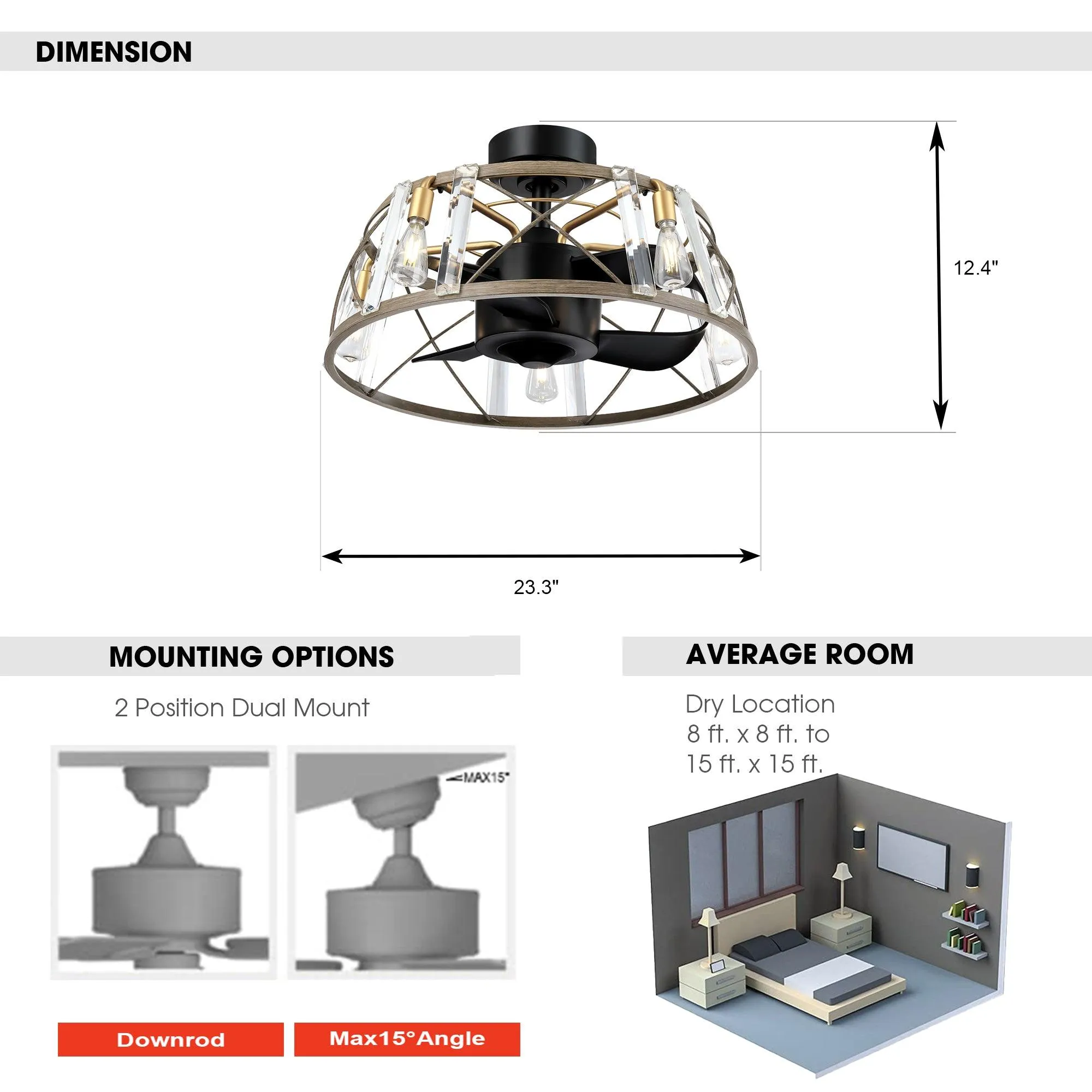 23" Modern Satin Nickel DC Motor Downrod Mount Reversible Fandelier Ceiling Fan with Lighting and Remote Control