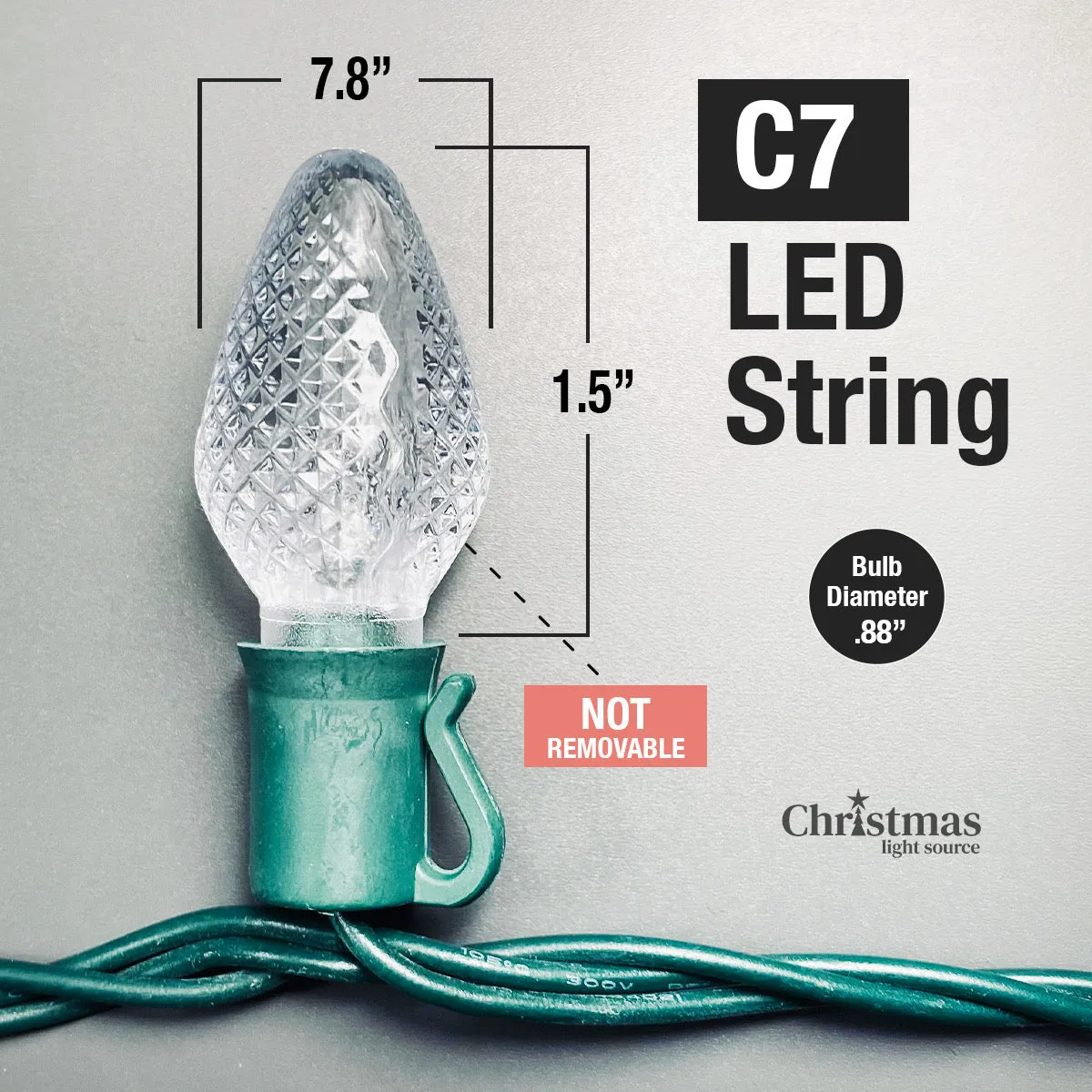 25-light C7 Orange LED Christmas Lights, 8" Spacing Green Wire