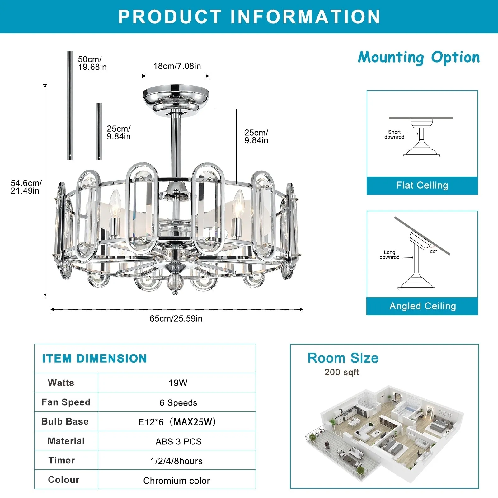 26" Chrome Ceiling Fan Light Vintage Candle Chandelier Reversible 3-speed Silent Ceiling Fan