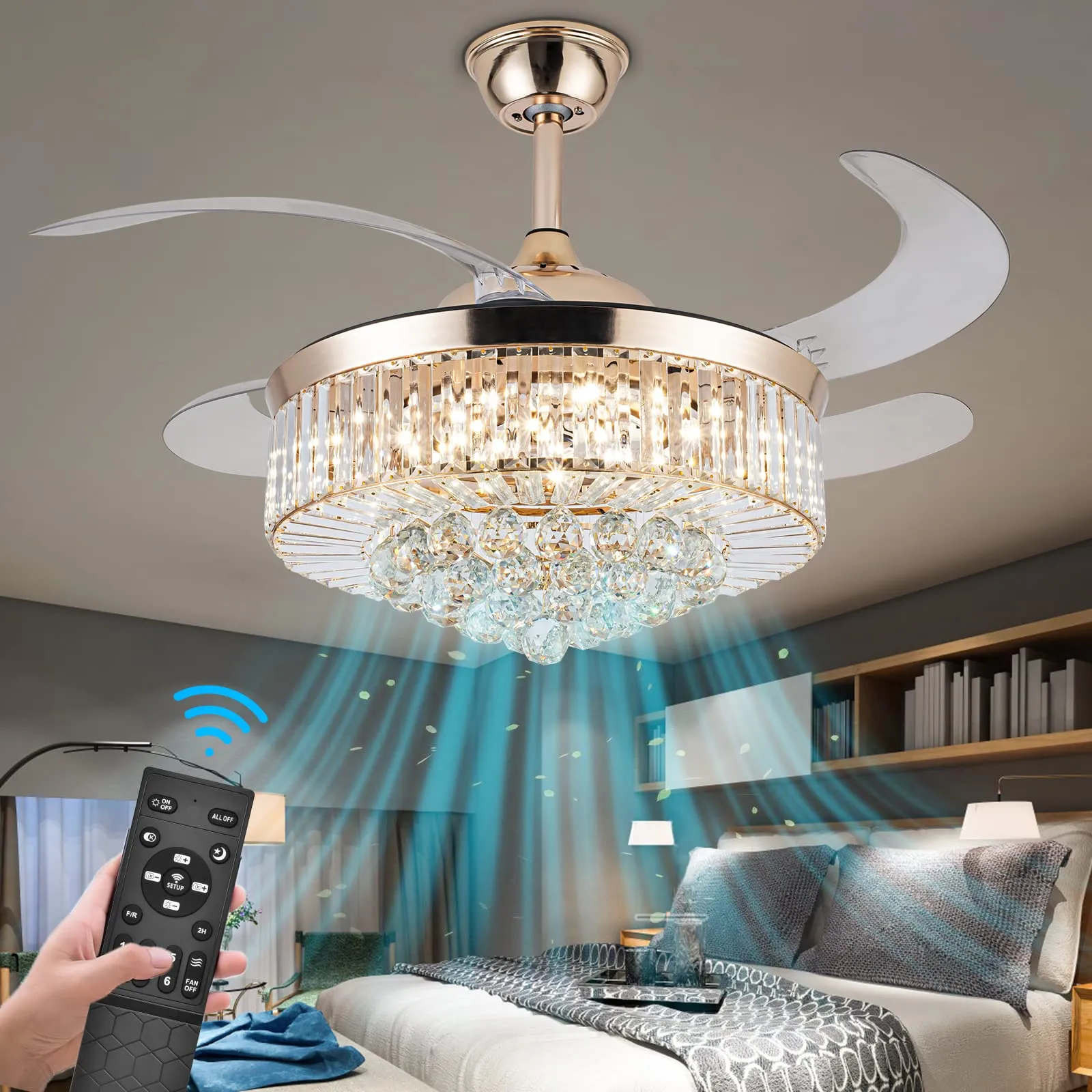 36'' Stepless Dimming Chandelier Crystal Ceiling Fan with Lights, Reversible Modern Fandelier with Remote Retractable Invisible Blades 6 Speeds Indoor Ceiling Fan Light for Living Room Bedroom Kitchen