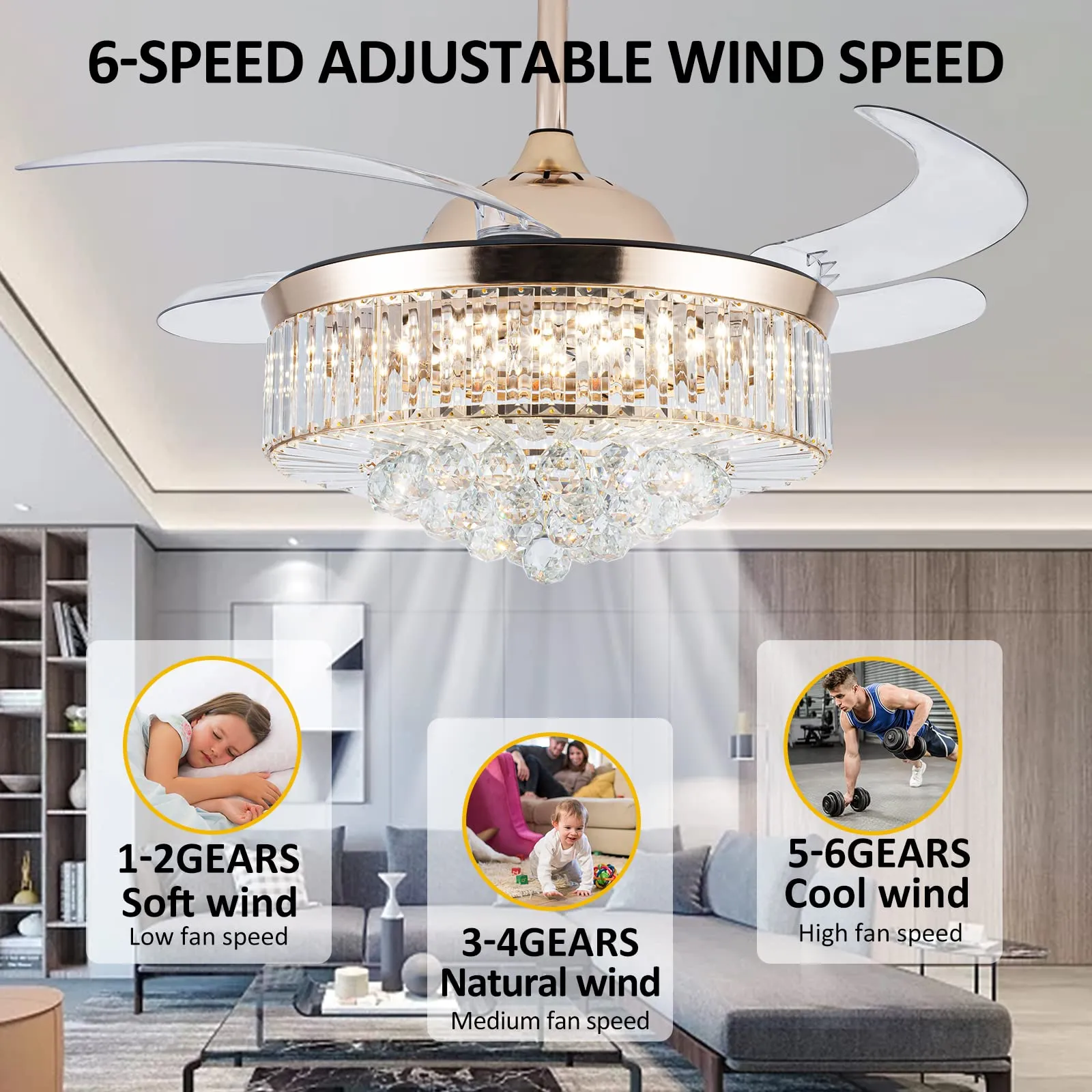 36'' Stepless Dimming Chandelier Crystal Ceiling Fan with Lights, Reversible Modern Fandelier with Remote Retractable Invisible Blades 6 Speeds Indoor Ceiling Fan Light for Living Room Bedroom Kitchen