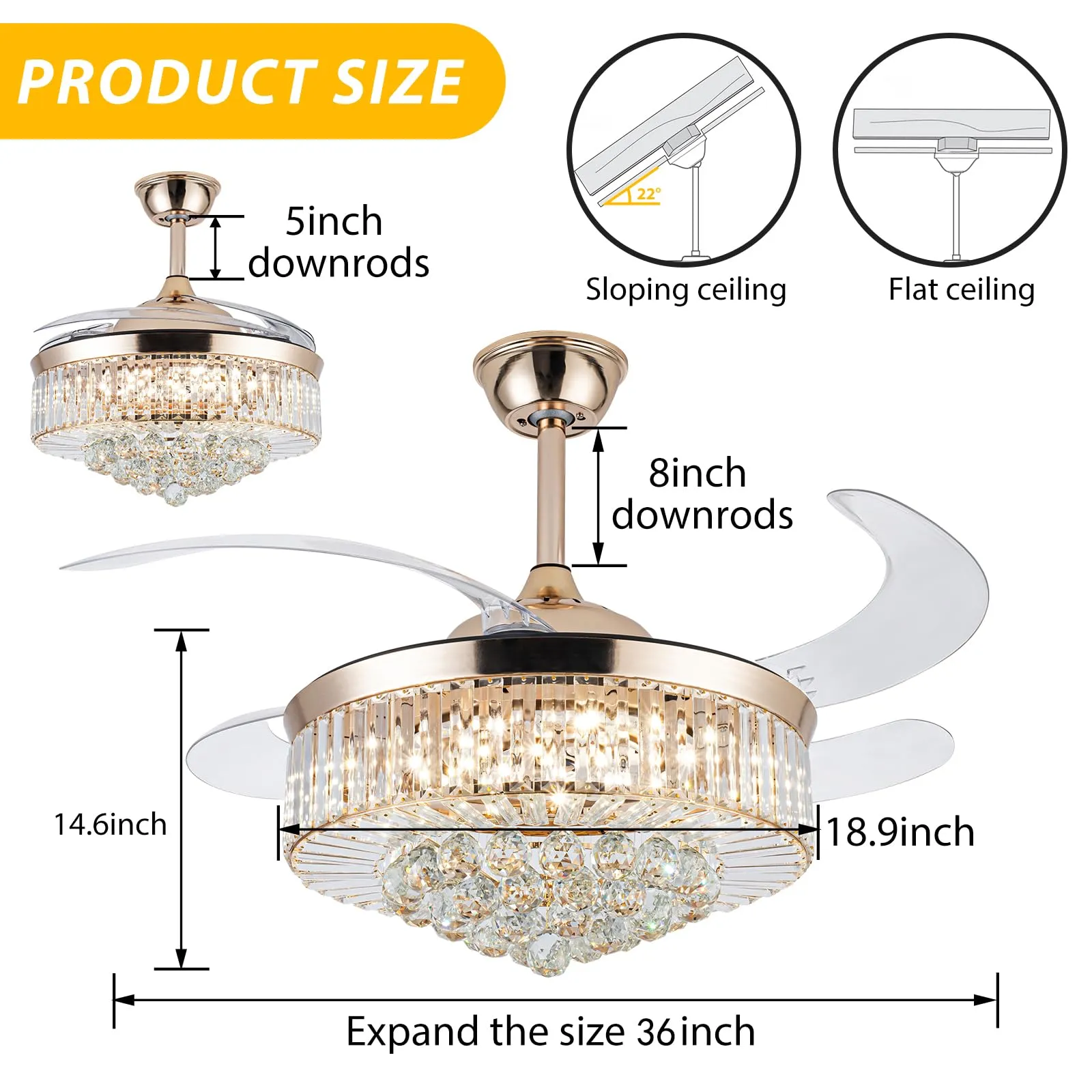 36'' Stepless Dimming Chandelier Crystal Ceiling Fan with Lights, Reversible Modern Fandelier with Remote Retractable Invisible Blades 6 Speeds Indoor Ceiling Fan Light for Living Room Bedroom Kitchen