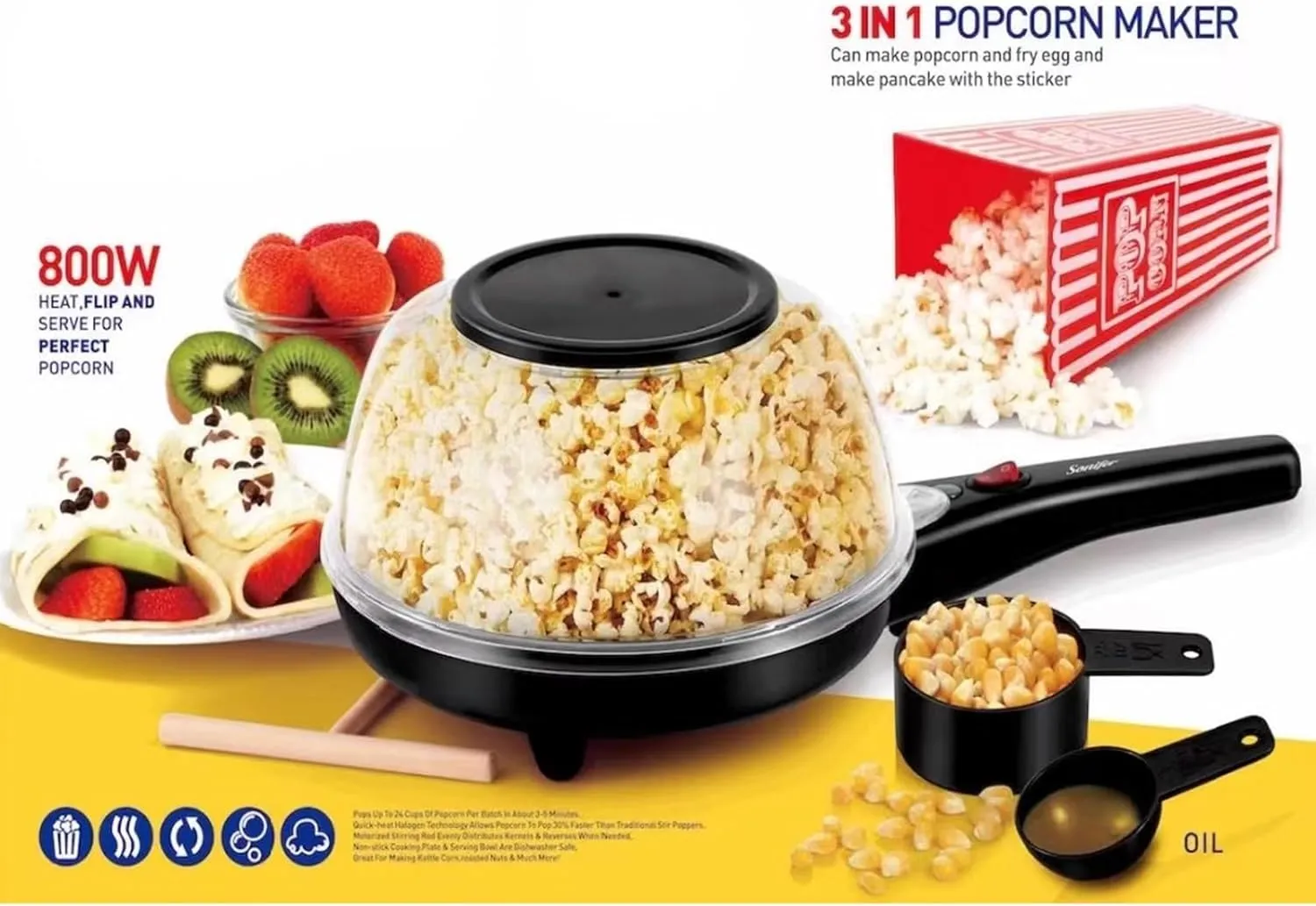 800W 3-In-1 Electric Popcorn, Egg Fryer And Pancake Maker Ja-59