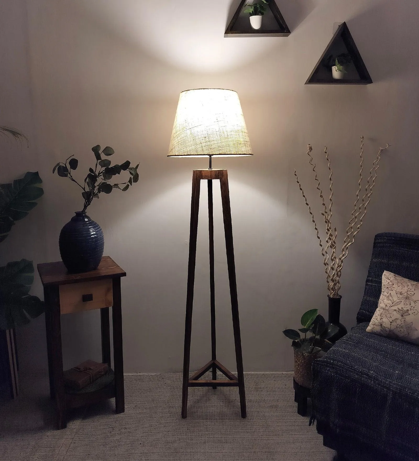 Adrienne Wooden Floor Lamp with Brown Base and Premium Beige Fabric Lampshade