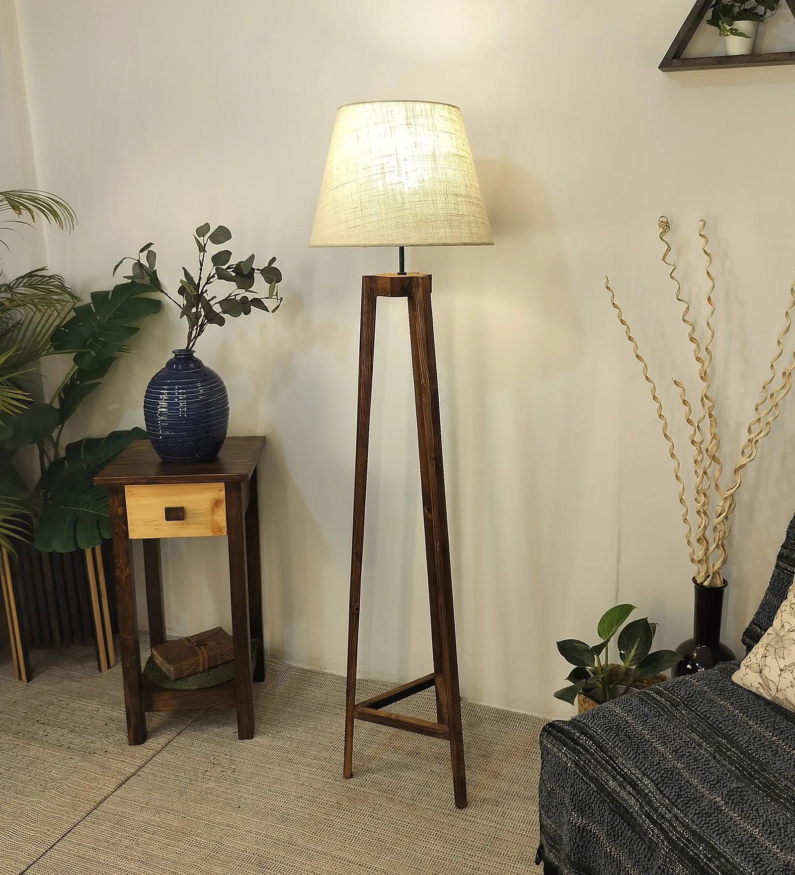 Adrienne Wooden Floor Lamp with Brown Base and Premium Beige Fabric Lampshade