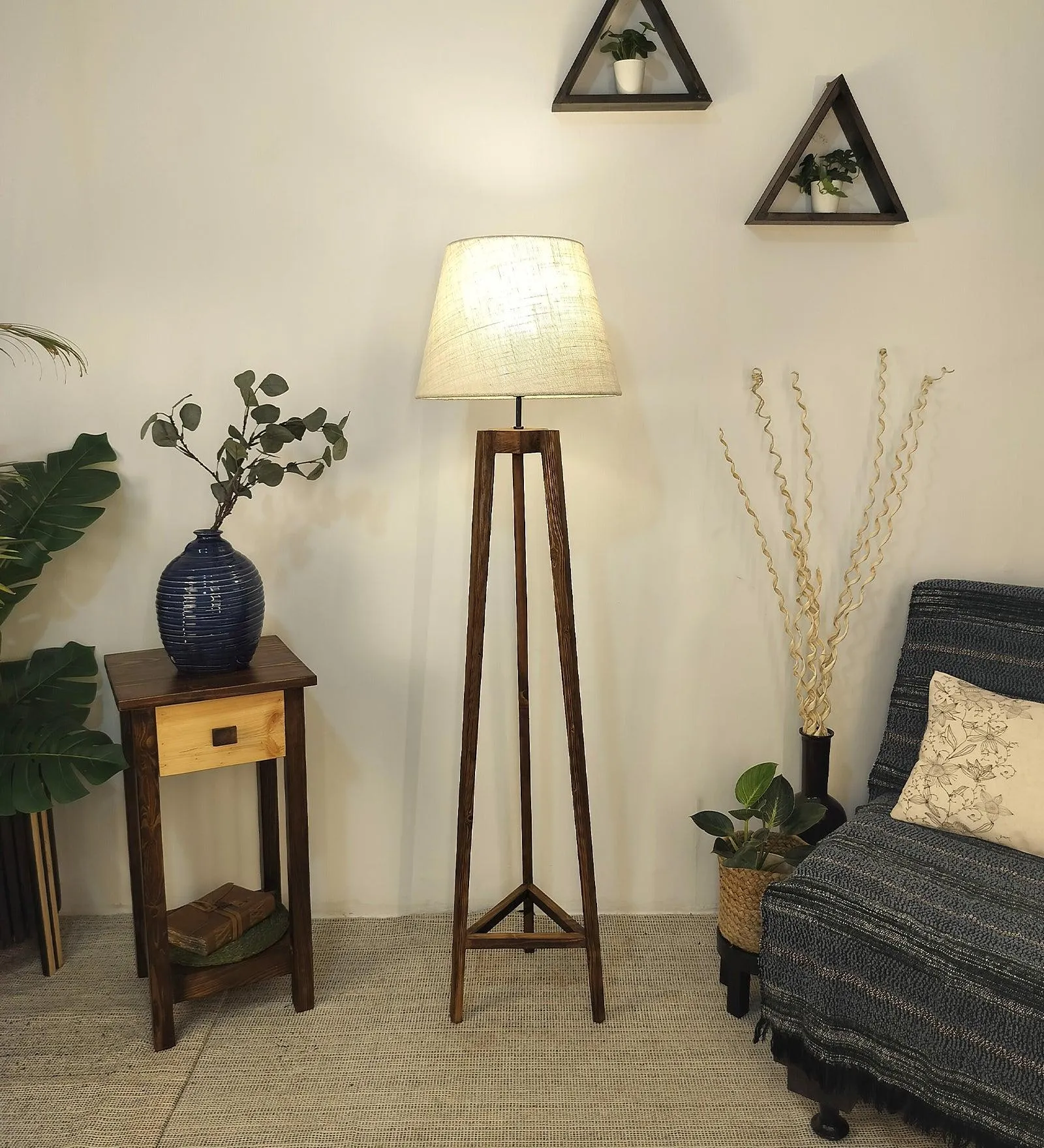 Adrienne Wooden Floor Lamp with Brown Base and Premium Beige Fabric Lampshade