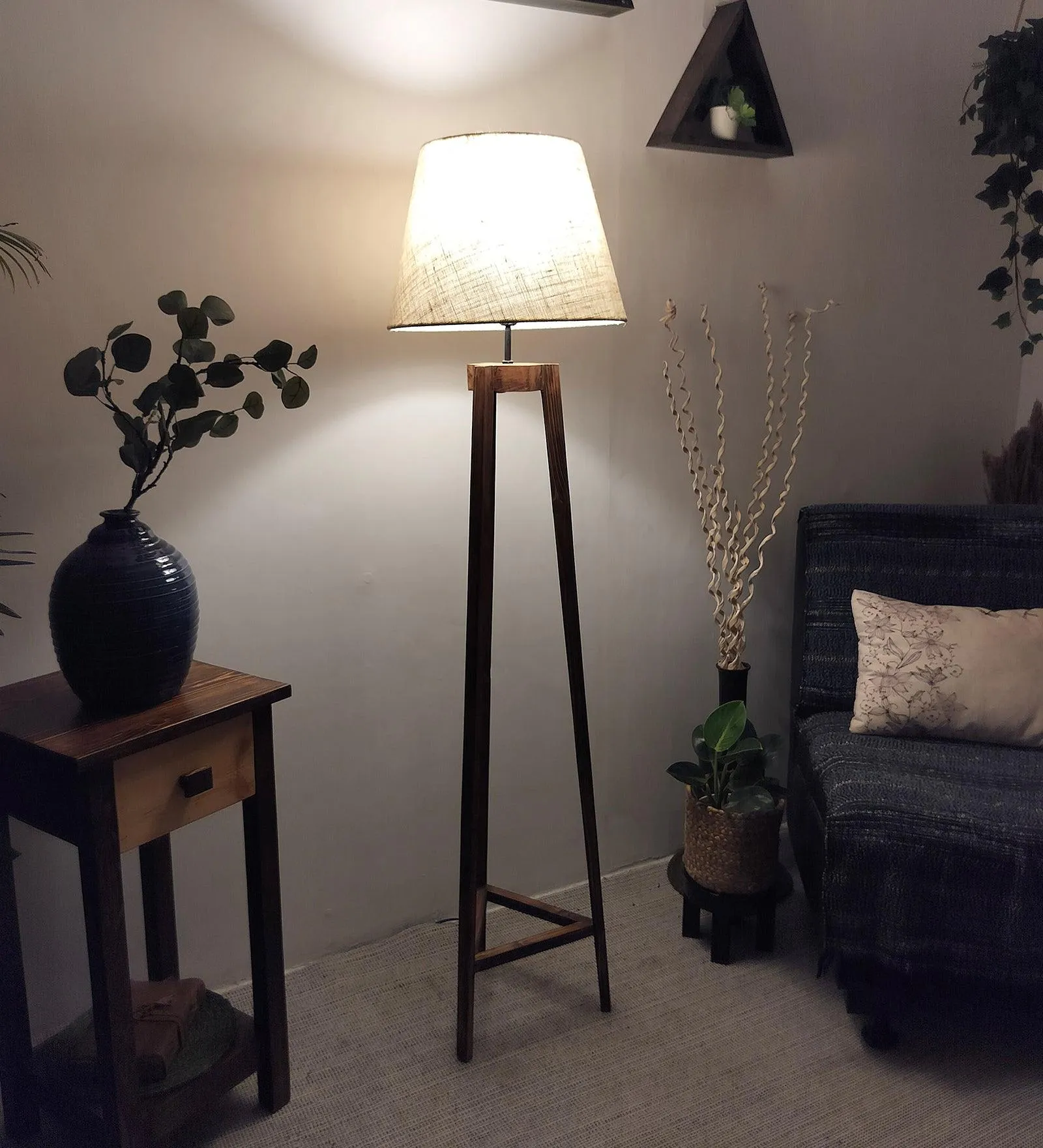 Adrienne Wooden Floor Lamp with Brown Base and Premium Beige Fabric Lampshade