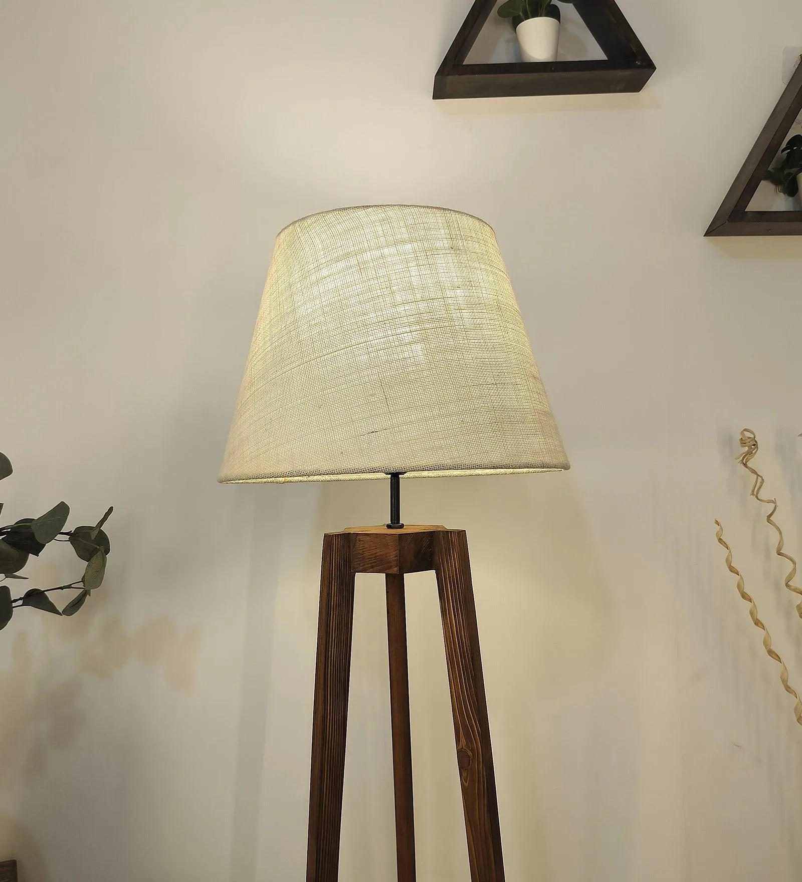 Adrienne Wooden Floor Lamp with Brown Base and Premium Beige Fabric Lampshade