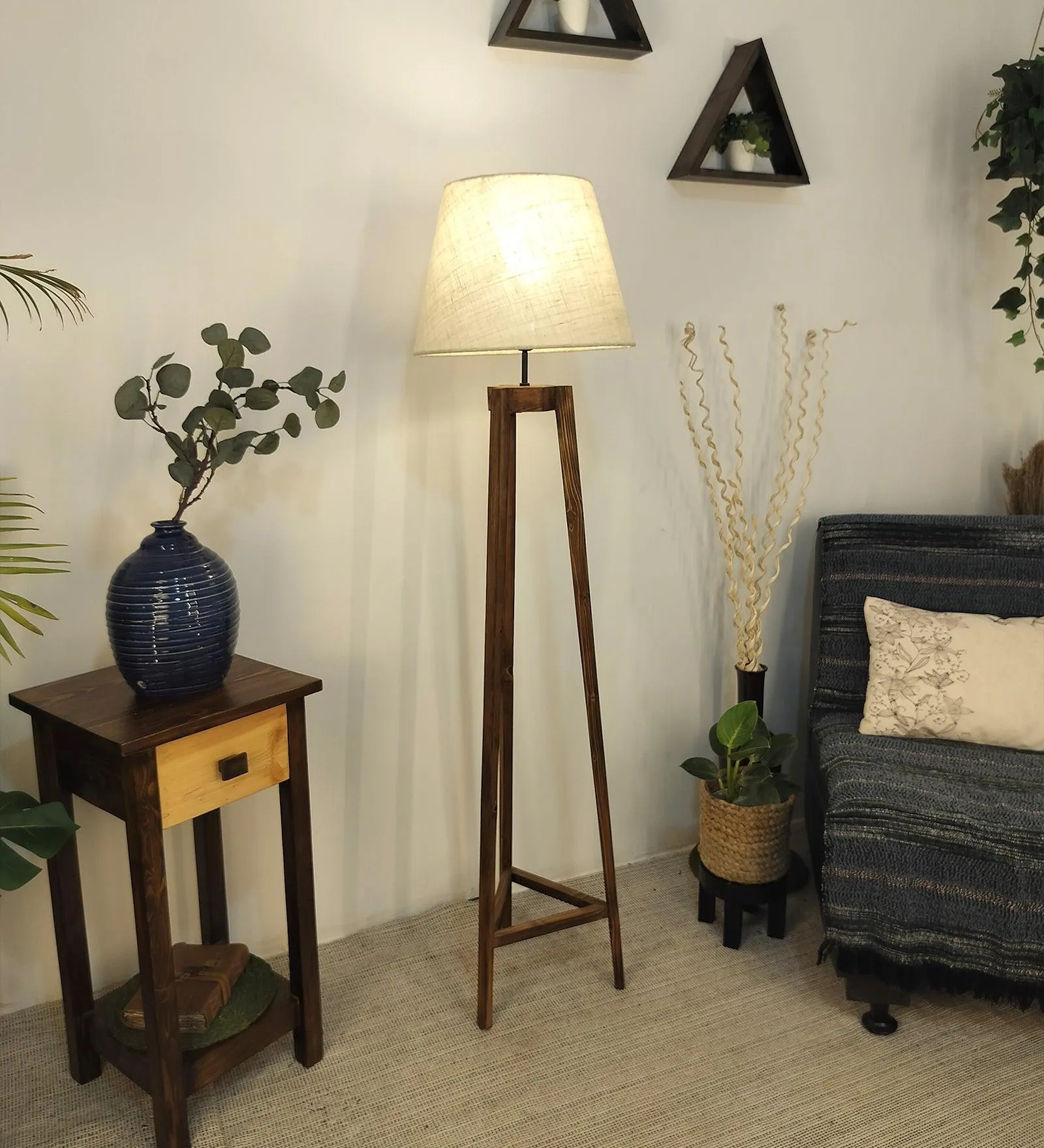 Adrienne Wooden Floor Lamp with Brown Base and Premium Beige Fabric Lampshade