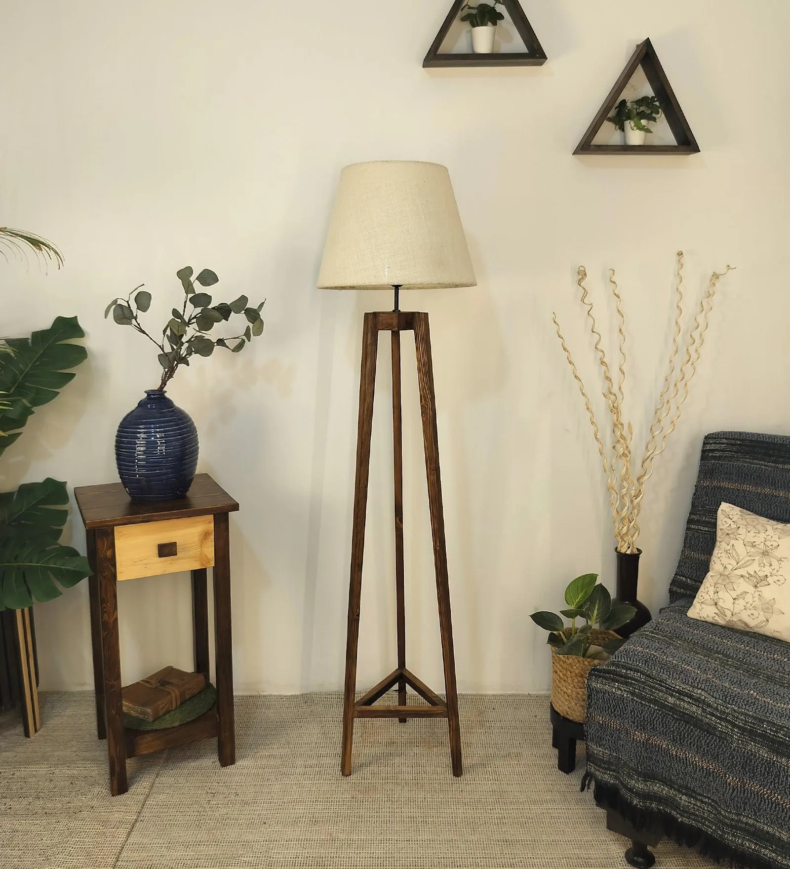 Adrienne Wooden Floor Lamp with Brown Base and Premium Beige Fabric Lampshade