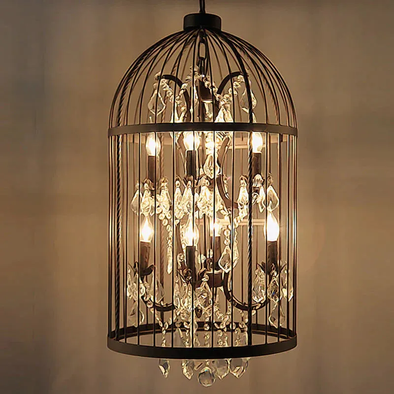 American Retro Crystal Chandelier Birdcage Wrought Iron Chandelier