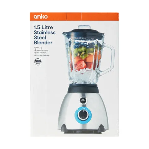 Anko 1.5L Stainless Steel Blender - Glass Jug