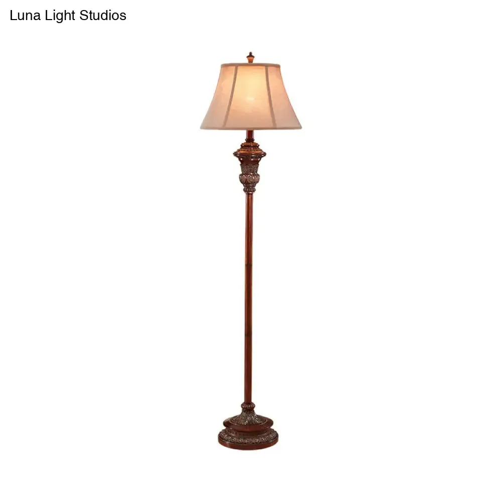 Antiqued Style Floor Reading Lamp with Bell Shade - 1 Head Fabric Floor Light in Brown for Guest Room