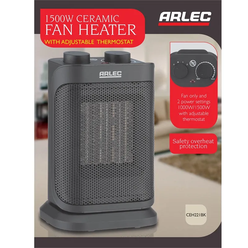 Arlec1500W Black Ceramic Fan Heater / 2 Power Settings/ Overheat Protection