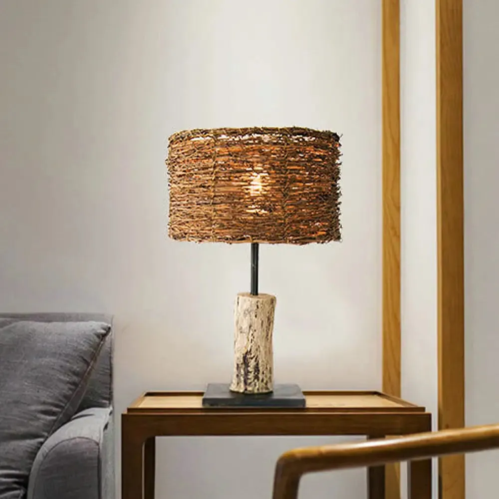 Asian Bamboo Cylinder Desk Lamp - Brown, 1 Head Task Lighting for Living Room