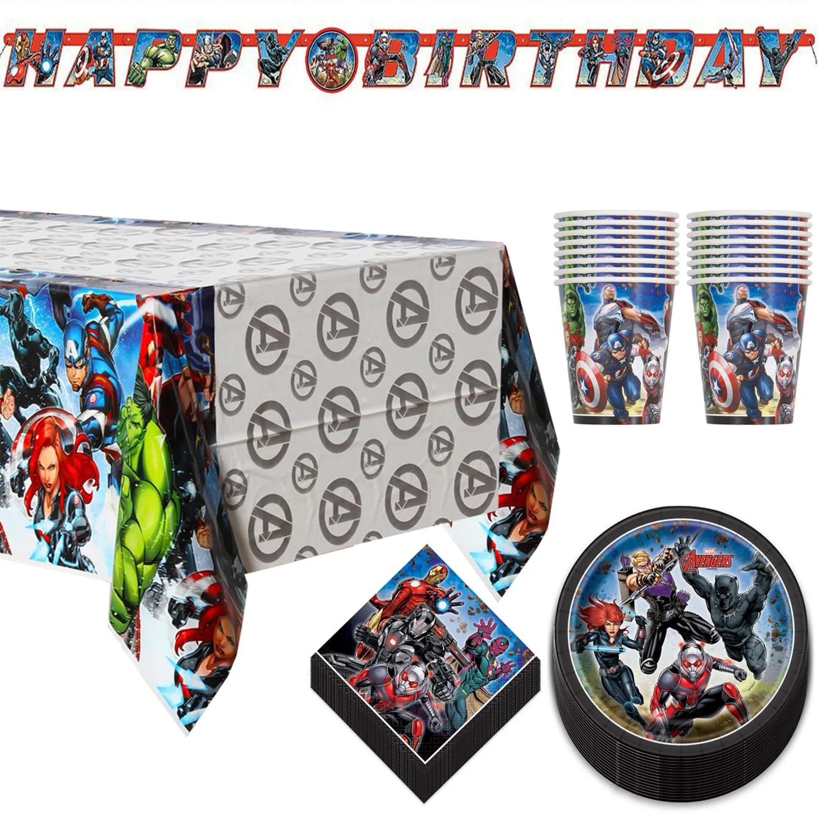 Avengers Comic Superhero Paper Dessert Plates, Beverage Napkins, Cups, Table Cover, and Birthday Banner Set (Serves 16)