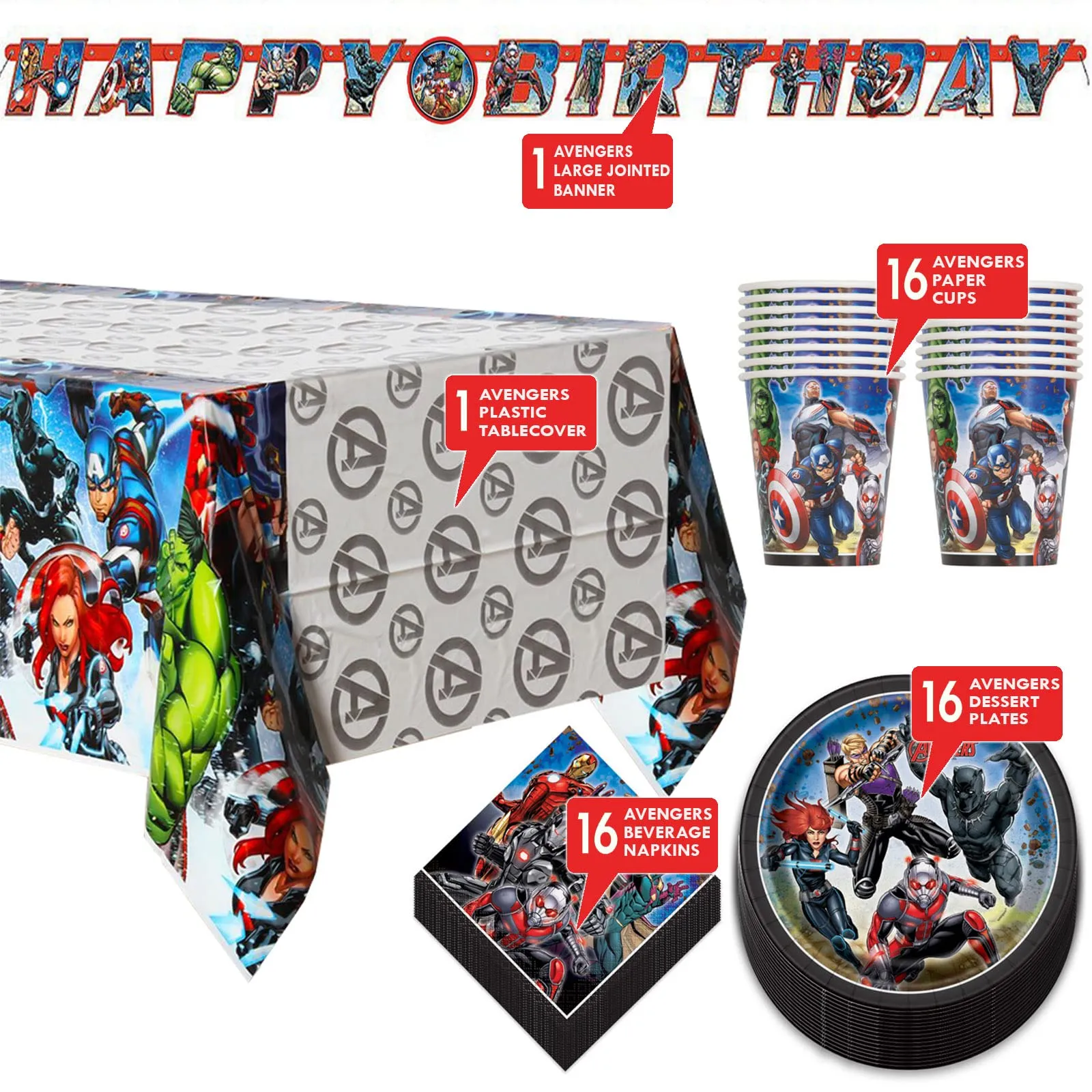 Avengers Comic Superhero Paper Dessert Plates, Beverage Napkins, Cups, Table Cover, and Birthday Banner Set (Serves 16)