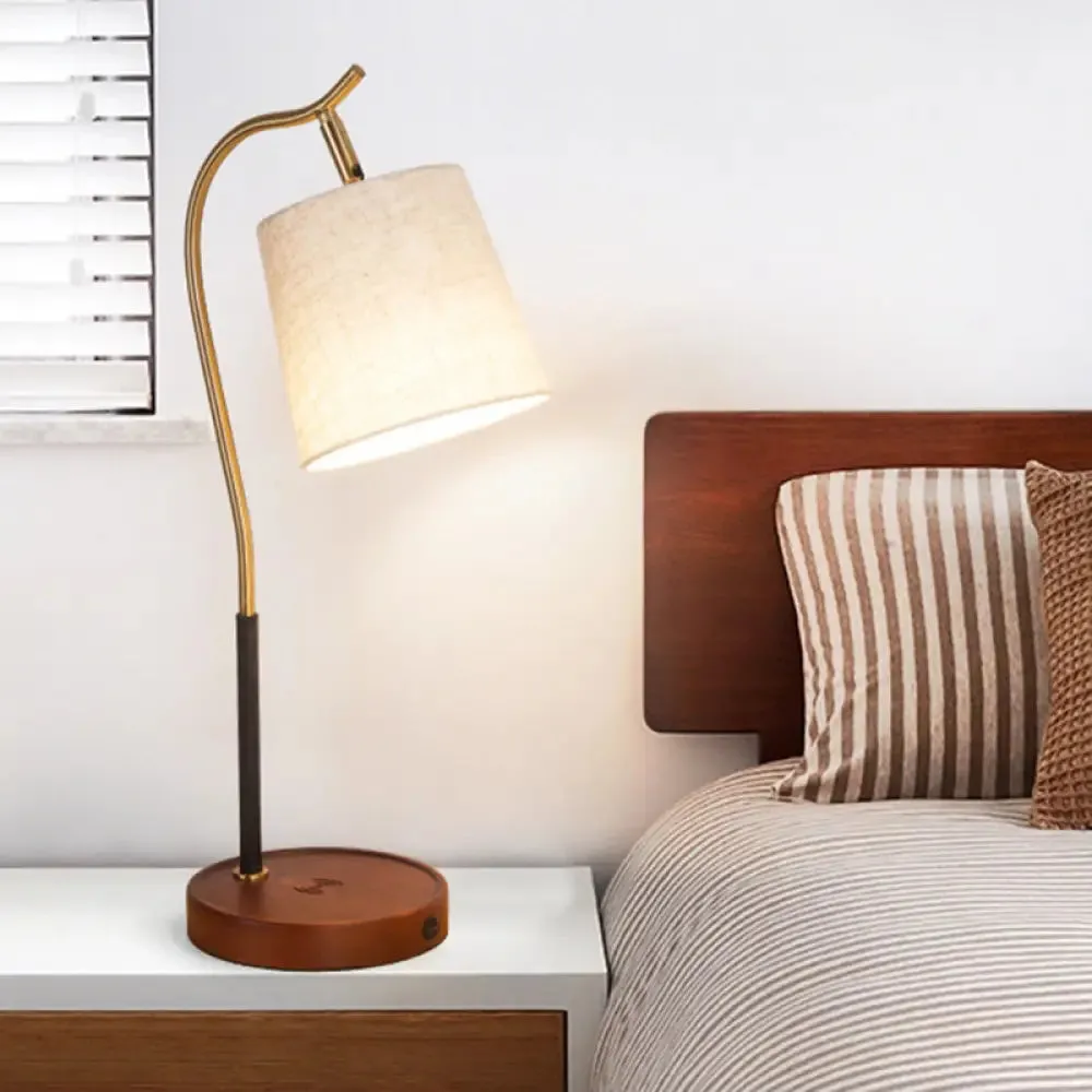 Barrel Shaped Bedside Nightstand Lamp - Fabric Shade, Simplicity Table Light with Gooseneck Arm