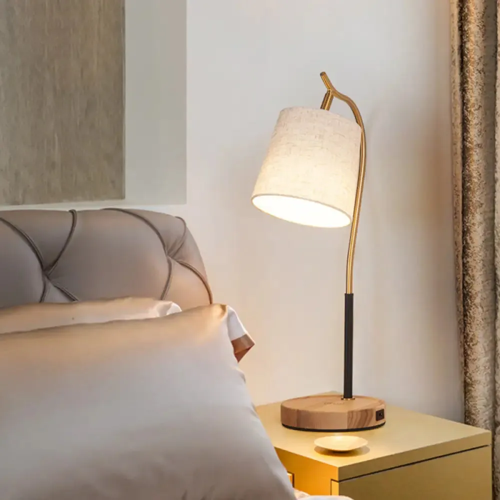 Barrel Shaped Bedside Nightstand Lamp - Fabric Shade, Simplicity Table Light with Gooseneck Arm