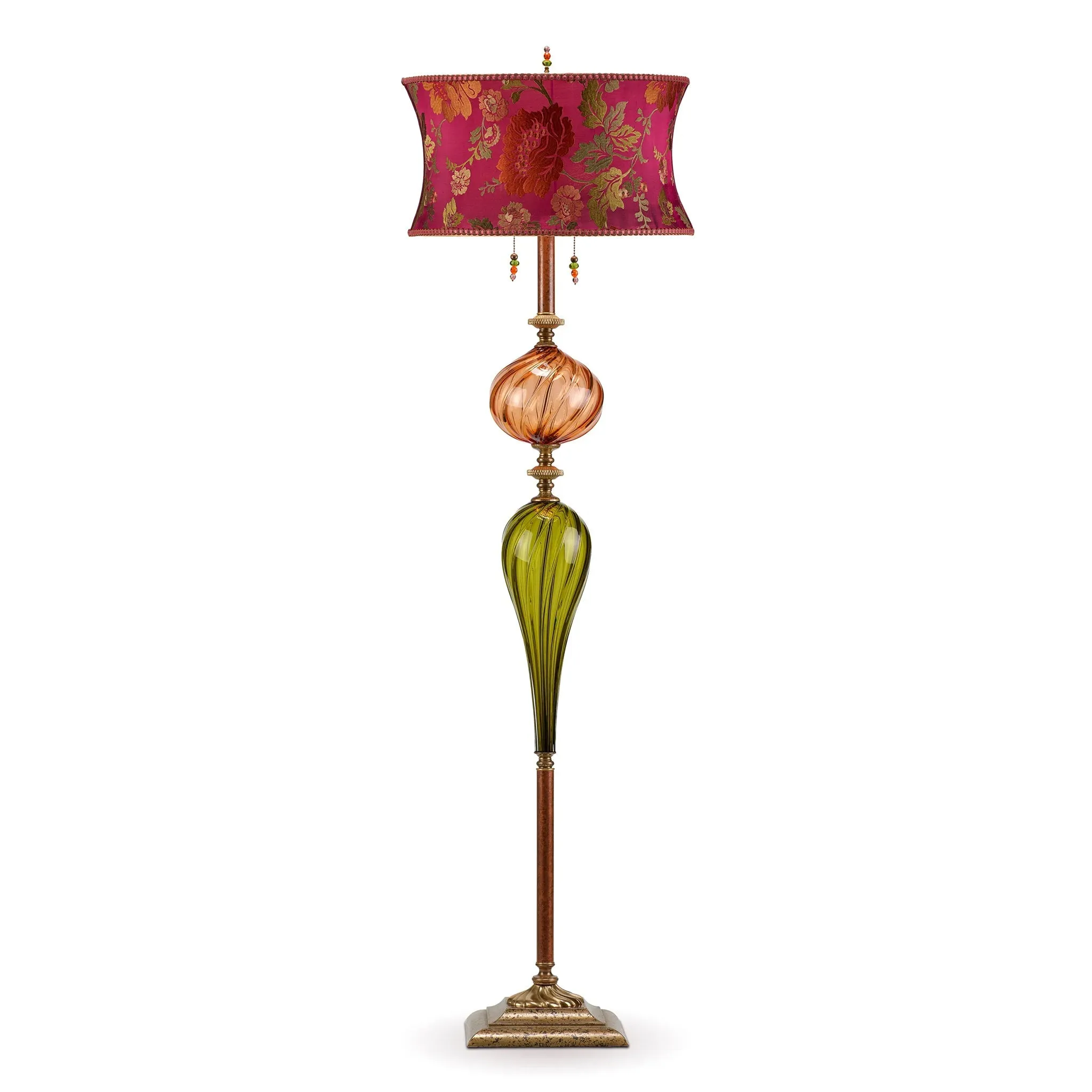 Ben Floor Lamp F238K76 Fuchsia Copper and Green Dupioni Silk Shade Orange and Green Blown Glass Base by Kinzig Design