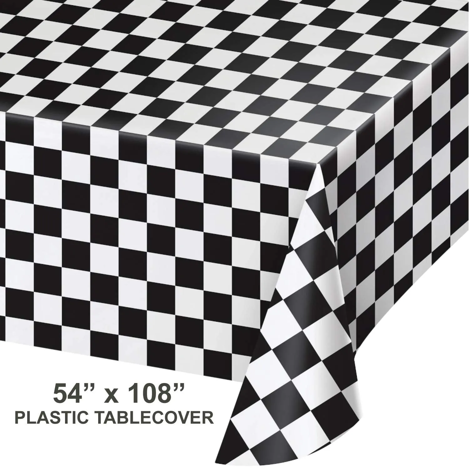 Black and White Checkered Race Fan Plastic Table Cover, 54" x 108" (2 Pack)