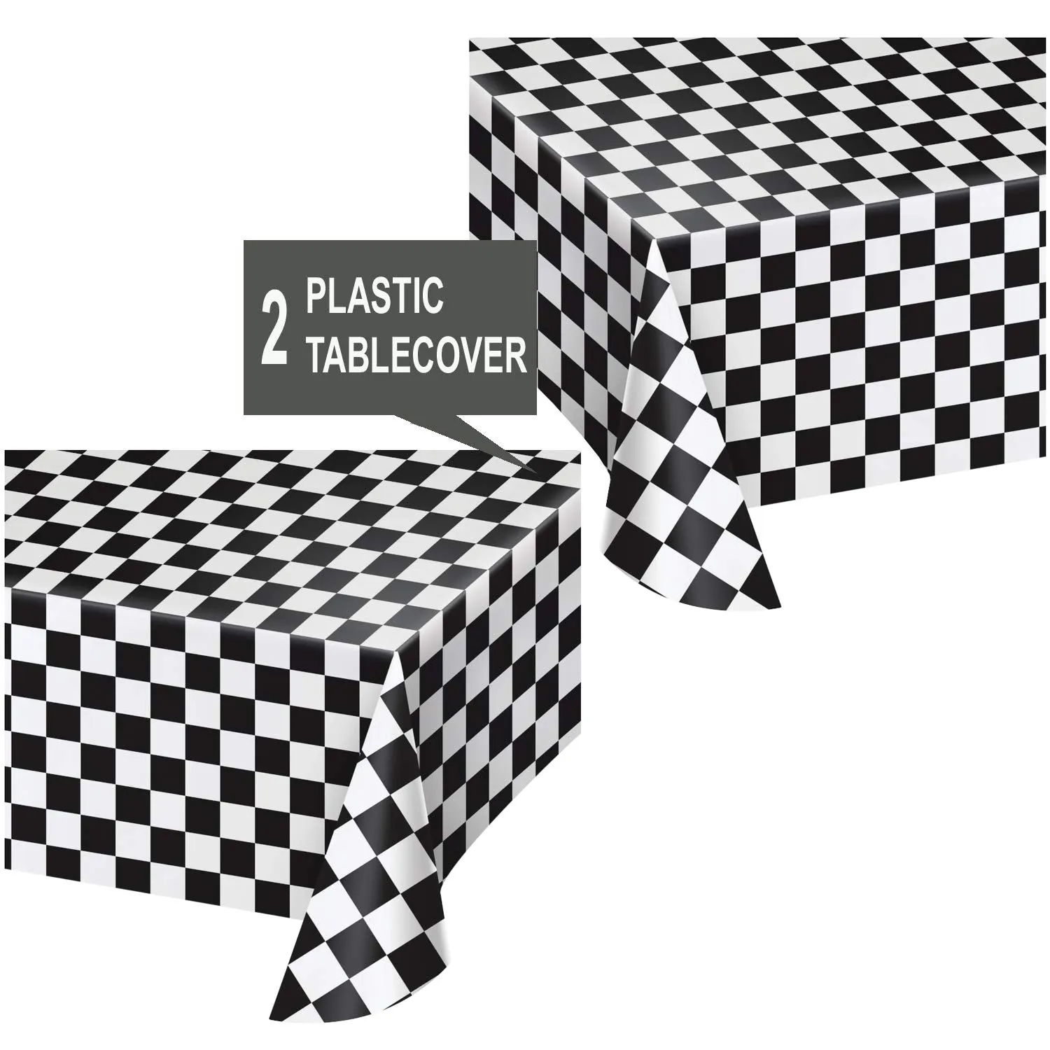 Black and White Checkered Race Fan Plastic Table Cover, 54" x 108" (2 Pack)