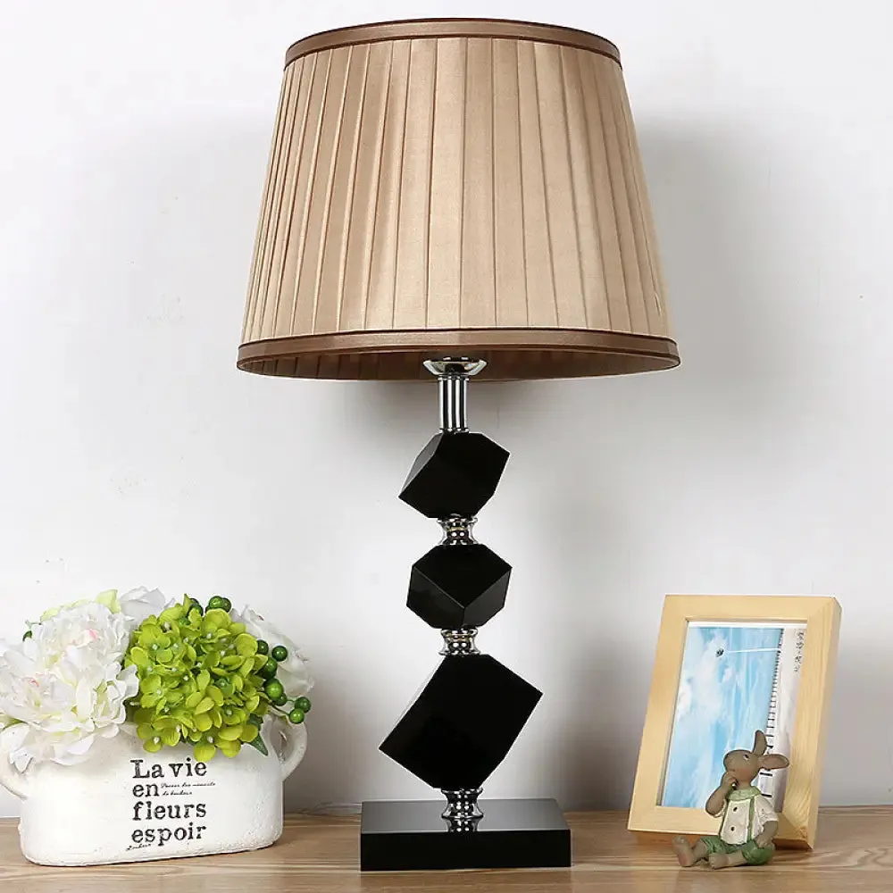 Black Faceted Crystal Table Lamp with Contemporary Pleated Lampshade - 1 Head Living Room Night Lamp in Light Brown