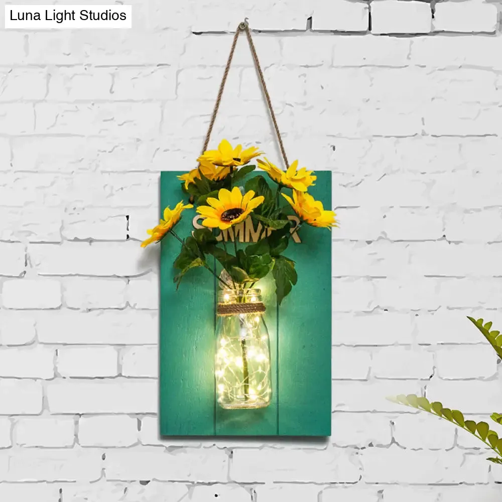 Blue Wood Backplate Modern Glass Jar Wall Light with Floral String - Ideal for Cafe Restaurant Ambiance!