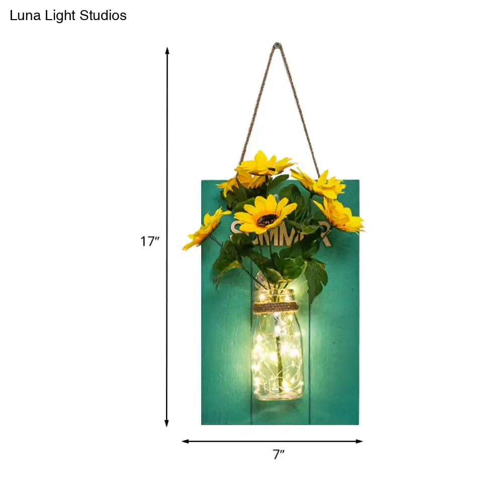 Blue Wood Backplate Modern Glass Jar Wall Light with Floral String - Ideal for Cafe Restaurant Ambiance!