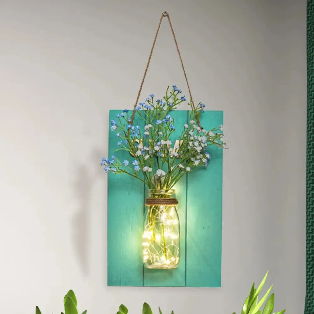 Blue Wood Backplate Modern Glass Jar Wall Light with Floral String - Ideal for Cafe Restaurant Ambiance!