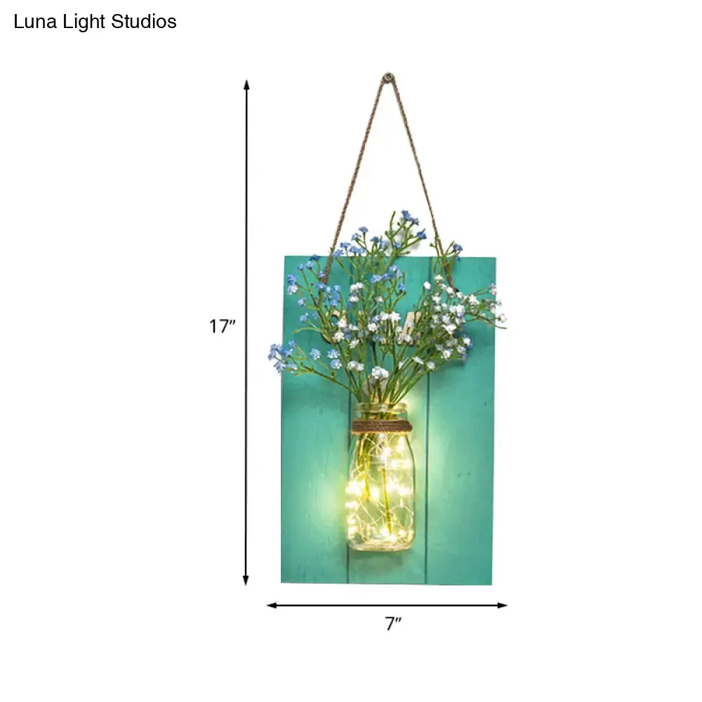 Blue Wood Backplate Modern Glass Jar Wall Light with Floral String - Ideal for Cafe Restaurant Ambiance!