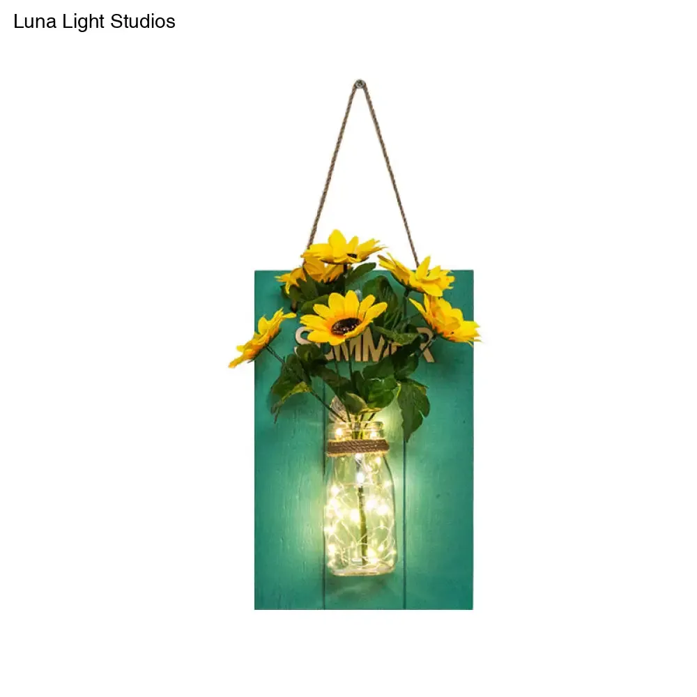 Blue Wood Backplate Modern Glass Jar Wall Light with Floral String - Ideal for Cafe Restaurant Ambiance!