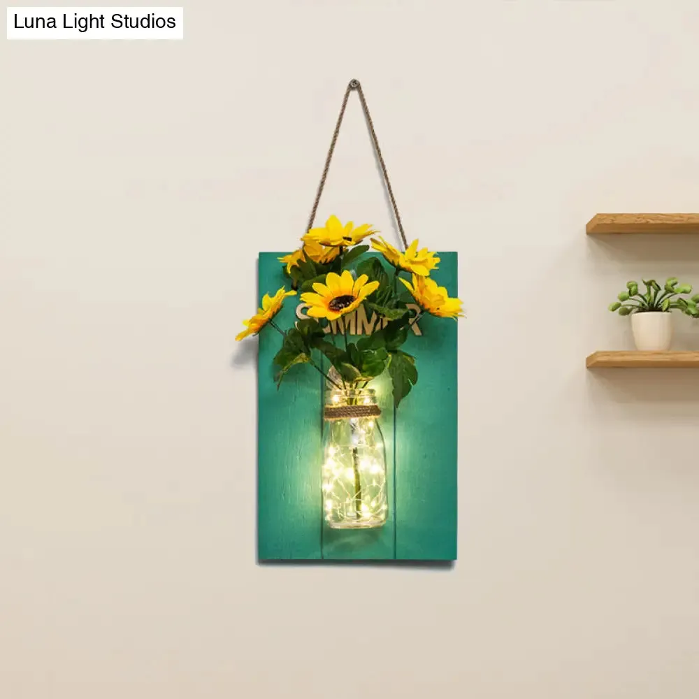 Blue Wood Backplate Modern Glass Jar Wall Light with Floral String - Ideal for Cafe Restaurant Ambiance!