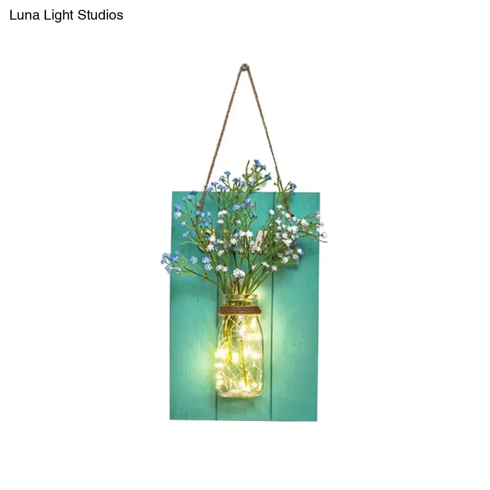 Blue Wood Backplate Modern Glass Jar Wall Light with Floral String - Ideal for Cafe Restaurant Ambiance!