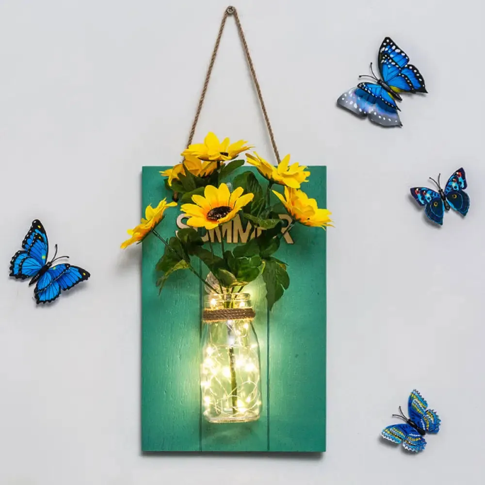 Blue Wood Backplate Modern Glass Jar Wall Light with Floral String - Ideal for Cafe Restaurant Ambiance!