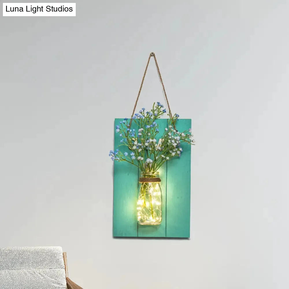 Blue Wood Backplate Modern Glass Jar Wall Light with Floral String - Ideal for Cafe Restaurant Ambiance!