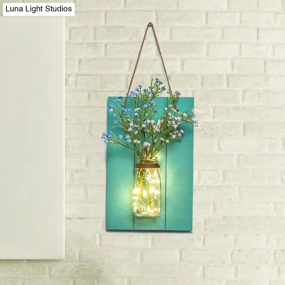 Blue Wood Backplate Modern Glass Jar Wall Light with Floral String - Ideal for Cafe Restaurant Ambiance!