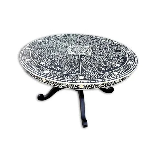 Bone Inlay Round Table | Elegant Pedestal Accent Dining Table"