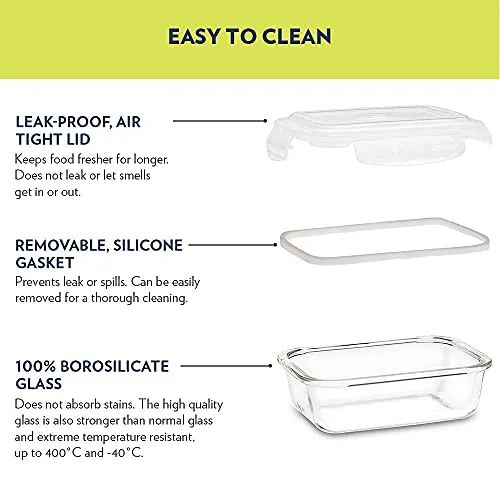 Borosil Klip N Store Glass Storage Container For Kitchen With Air-Tight Lid, Microwave & Oven Safe, Rectangular, 370 ml, Clear