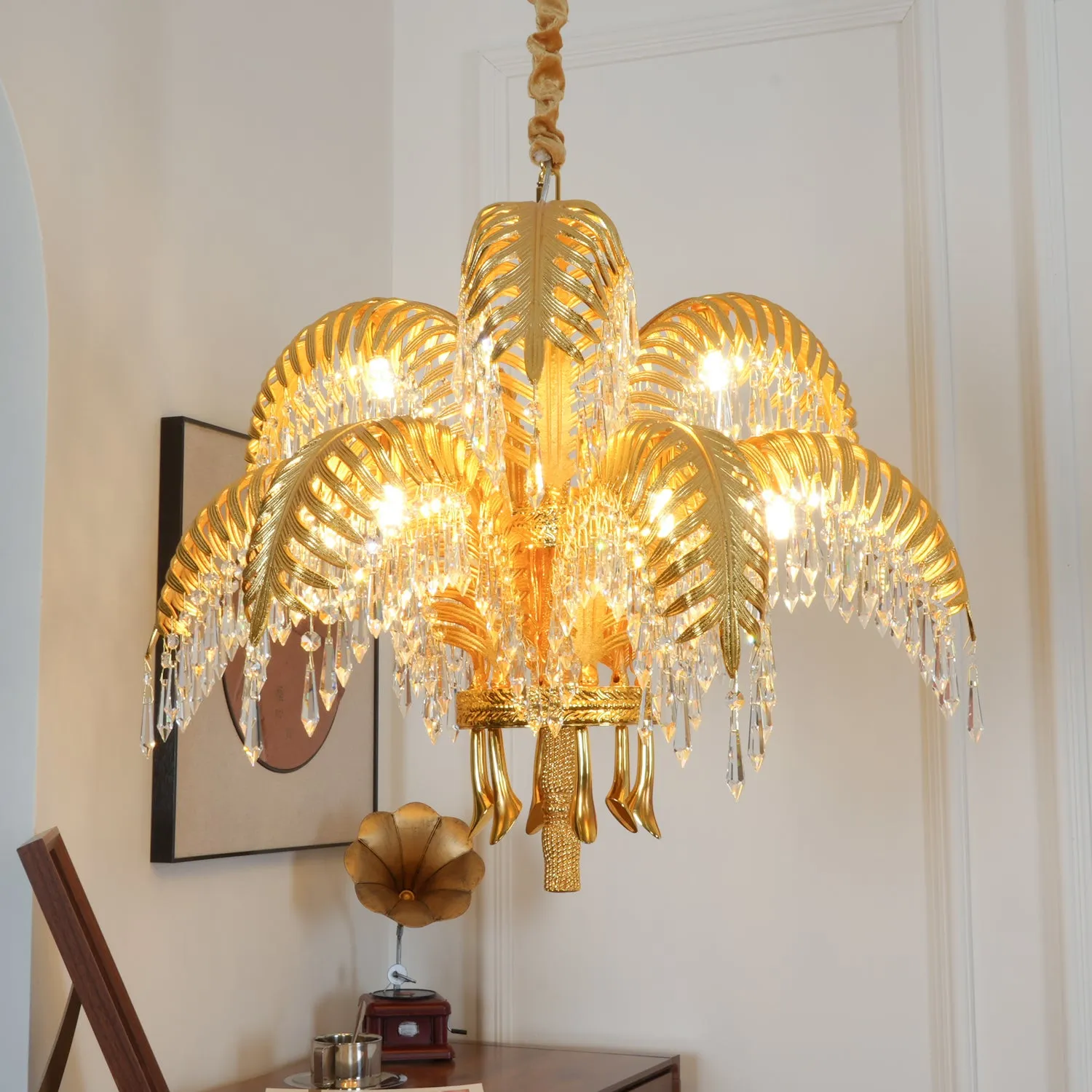 Brass Palm Leaf Crystal Chandelier