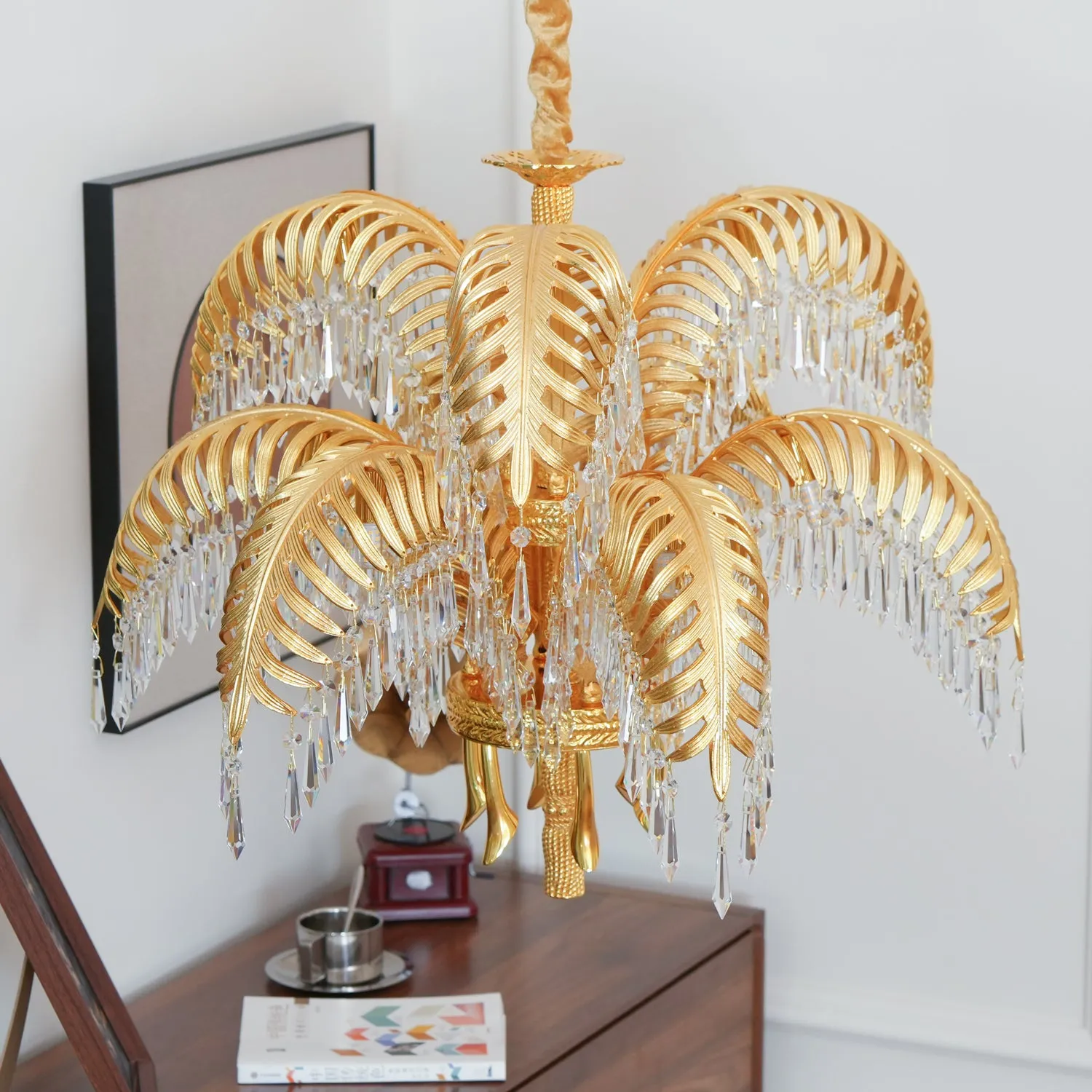 Brass Palm Leaf Crystal Chandelier