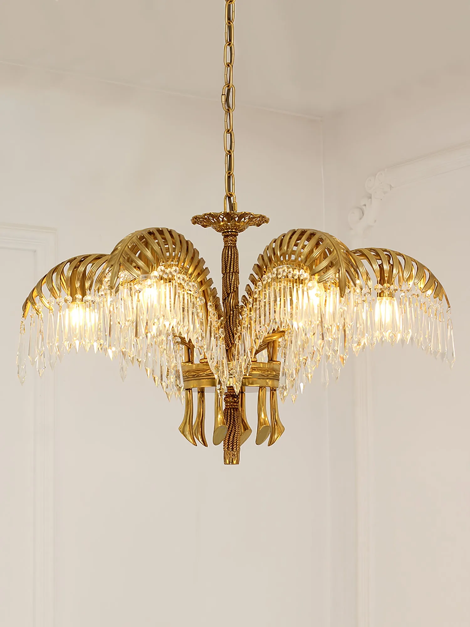 Brass Palm Leaf Crystal Chandelier