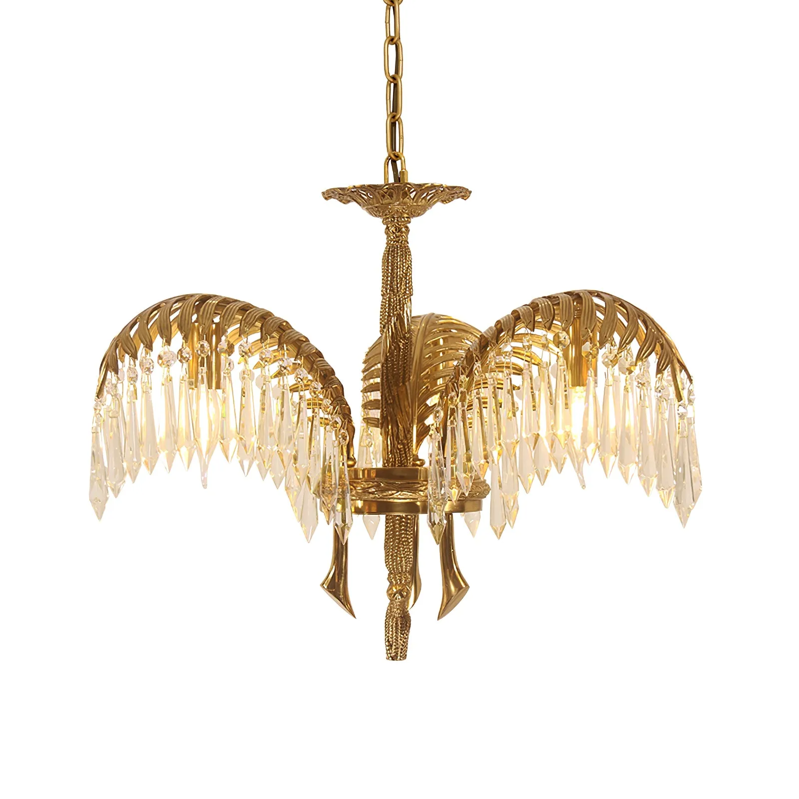 Brass Palm Leaf Crystal Chandelier