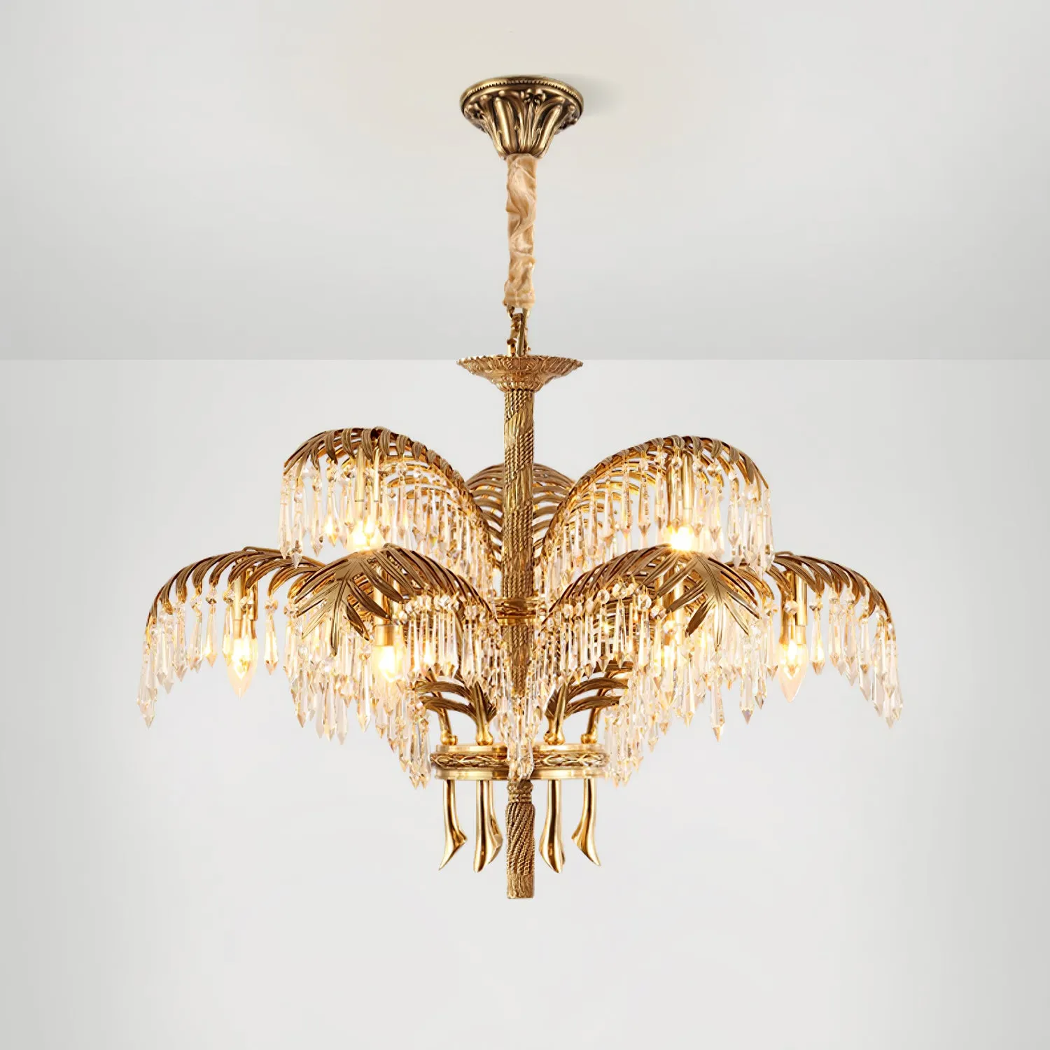 Brass Palm Leaf Crystal Chandelier