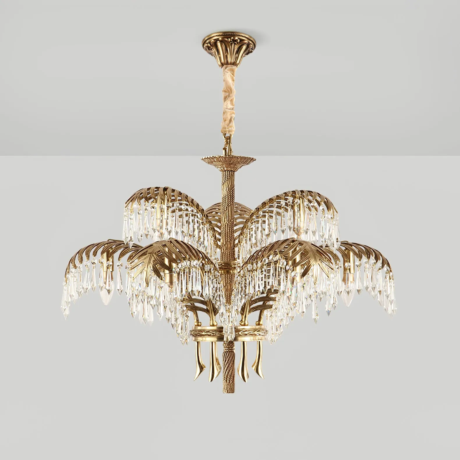 Brass Palm Leaf Crystal Chandelier