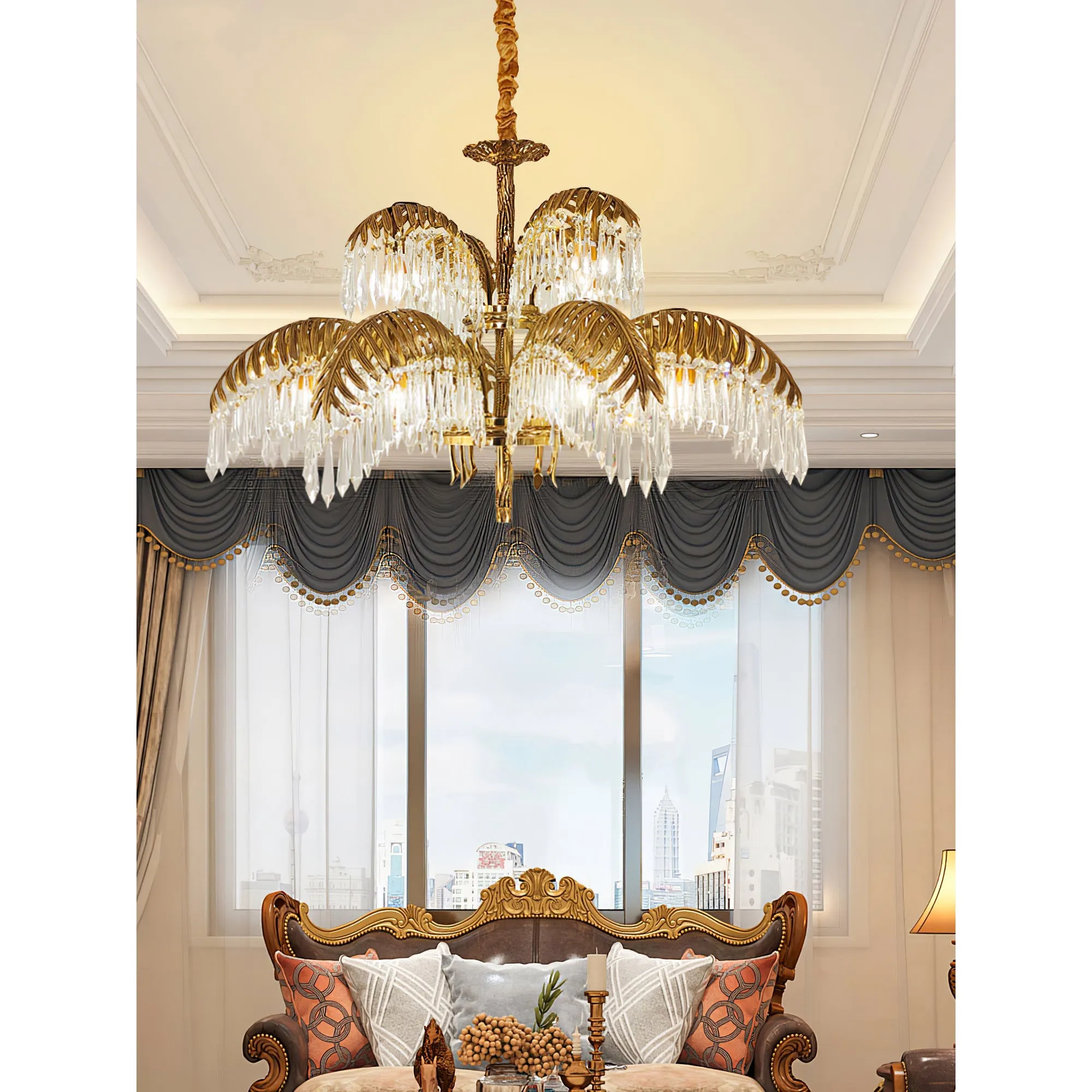 Brass Palm Leaf Crystal Chandelier