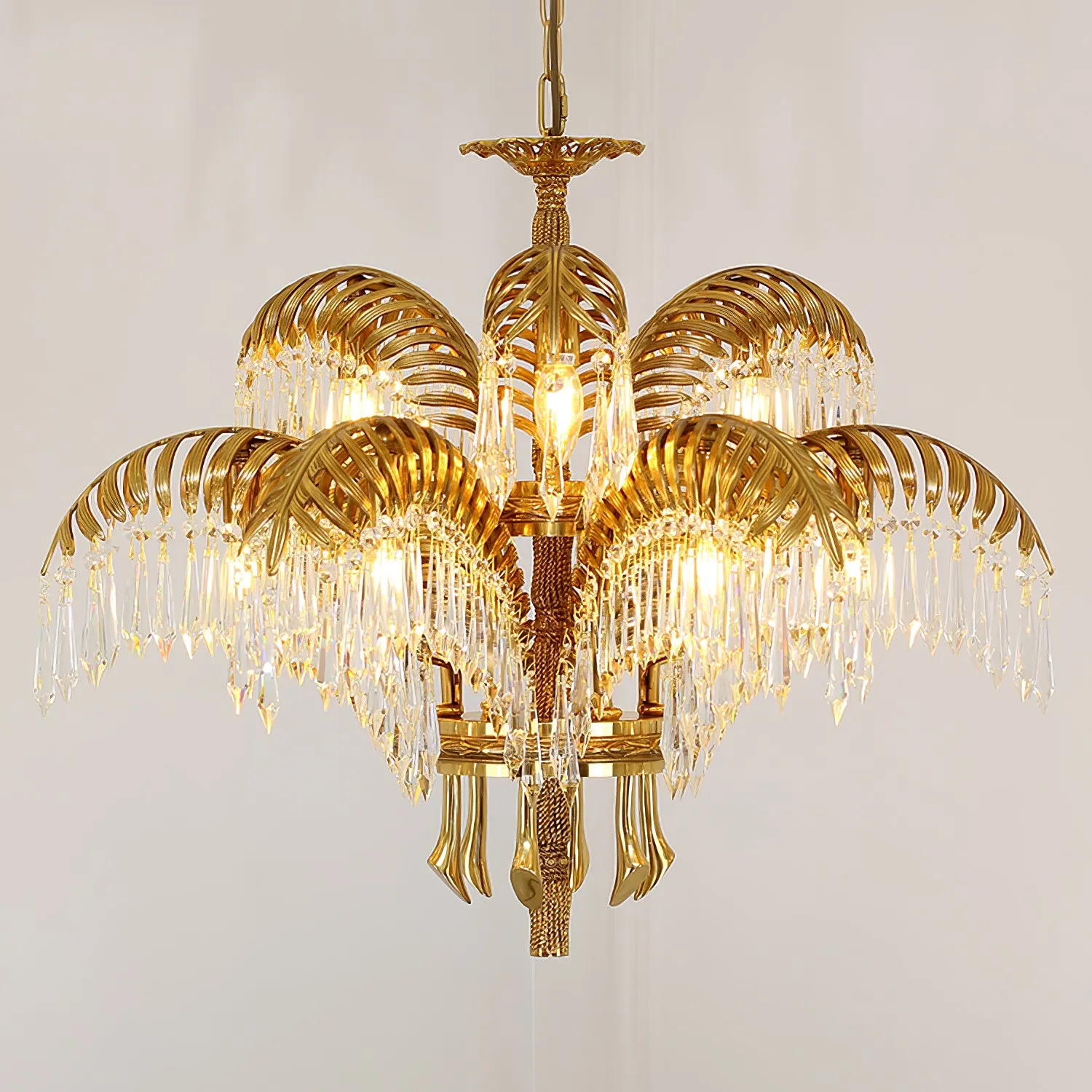 Brass Palm Leaf Crystal Chandelier