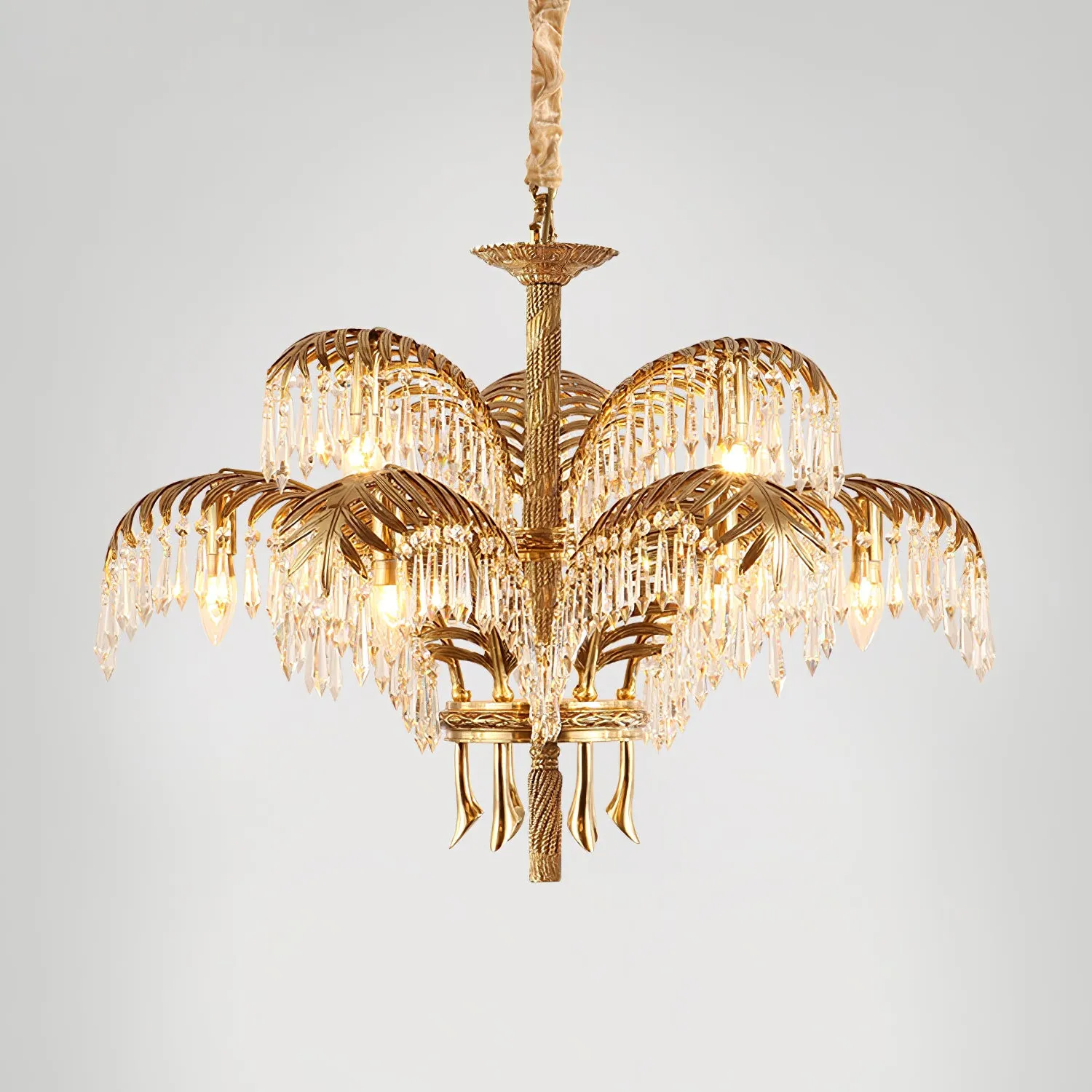 Brass Palm Leaf Crystal Chandelier